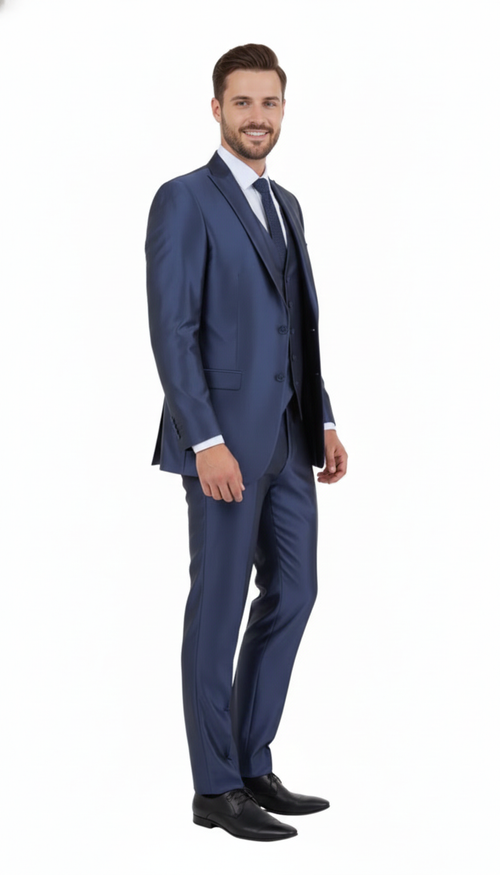 Men’s Navy Blue Shiny Finish 3-Piece Suit Set - Premium Tailored Fit Formal Wedding and Party Sateen Slim Fitted Suit by USA Men's Outlet