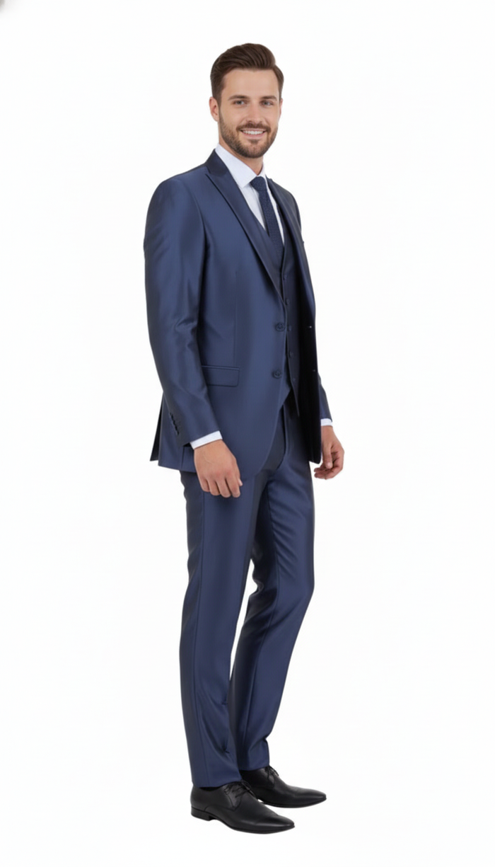 Men’s Navy Blue Shiny Finish 3-Piece Suit Set - Premium Tailored Fit Formal Wedding and Party Sateen Slim Fitted Suit by USA Men's Outlet