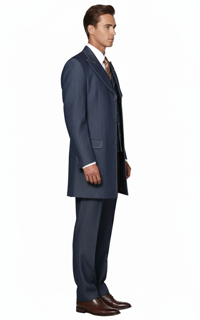 Men’s Cotton Denim Three-Piece Suit - Modern Blazer Denim Suit with Vest and Trousers Pleated Pants Classic Fit by USA Men's Outlet