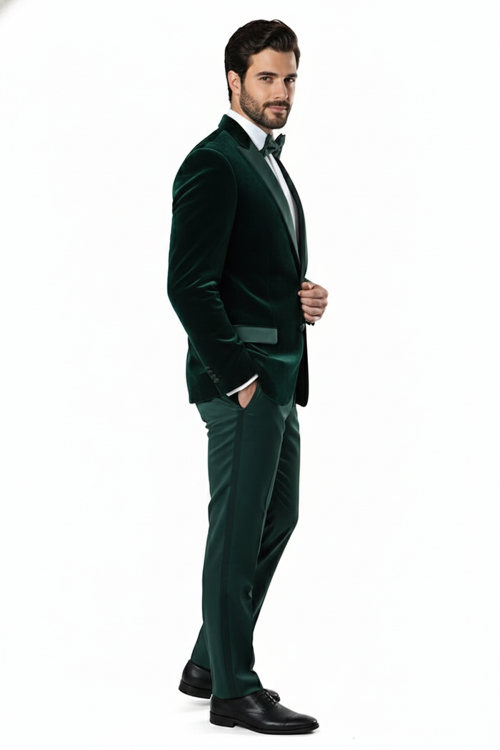Men’s Dark Green Velvet Tuxedo Dinner Jacket - Slim Fit Formal Blazer with Satin Peak Lapel Lape by USA Men's Outlet