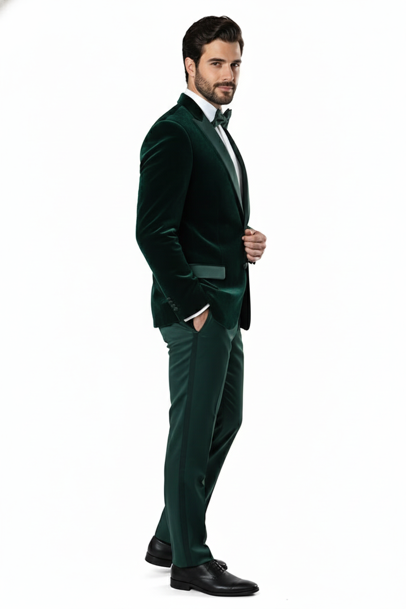 Men’s Dark Green Velvet Tuxedo Dinner Jacket - Slim Fit Formal Blazer with Satin Peak Lapel Lape by USA Men's Outlet