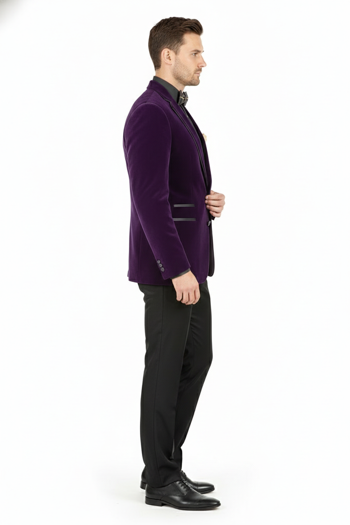 Men’s Purple Velvet Blazer - Luxury Slim Fit Formal Jacket with Black Satin Trim Tuxedo Dinner Jacket by USA Men's Outlet