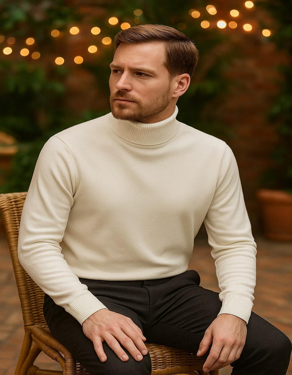 Men's Ivory Turtleneck Sweater – Classic Slim Fit Knit Pullover for Winter Elegance - Cream