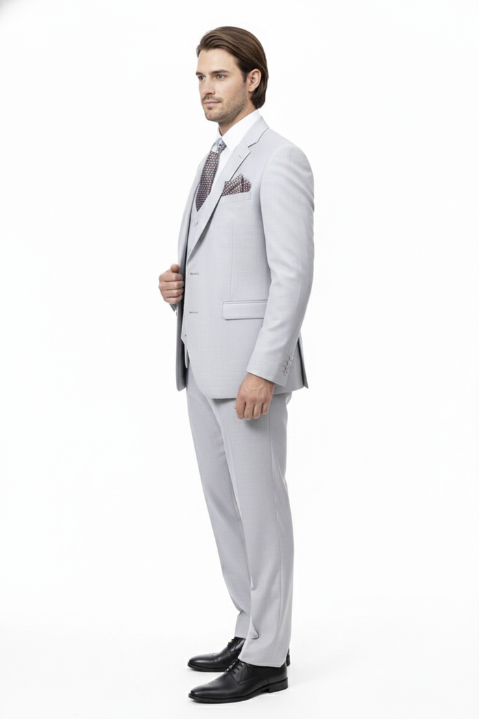 Men’s Very Light Gray Three-Piece Wedding Suit 2 Buttons Modern or Slim Fit Ash Bone Color Steel Grey USA Men's Outlet