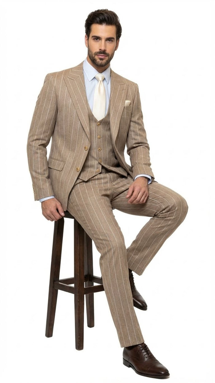 Men's Beige Pinstripe Three-Piece Vested Suit - Tailored Fit Business Attire in Tan Stripe by Rossiman USA Men's Outlet