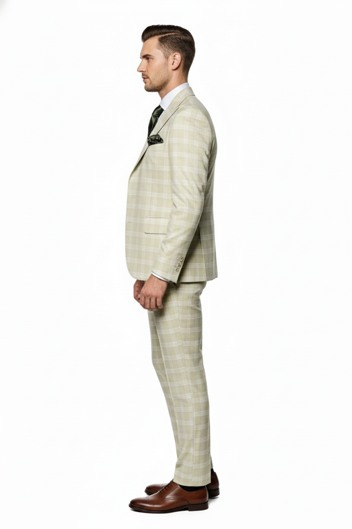 Men’s Light Beige Check 3-Piece Suit Set - Premium Tailored Fit Formal Wedding and Spring Event Suit Light Tan Sand Color By Rossiman USA Men's Outlet
