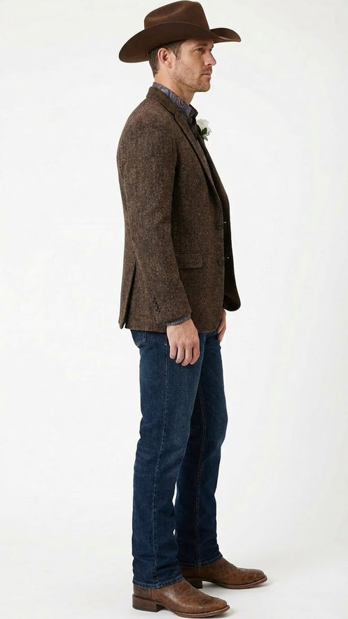 Saco Vaquero Men’s Brown Western Tweed Herringbone Blazer Jacket – Classic Cowboy Style Sport Coat for Wedding Party