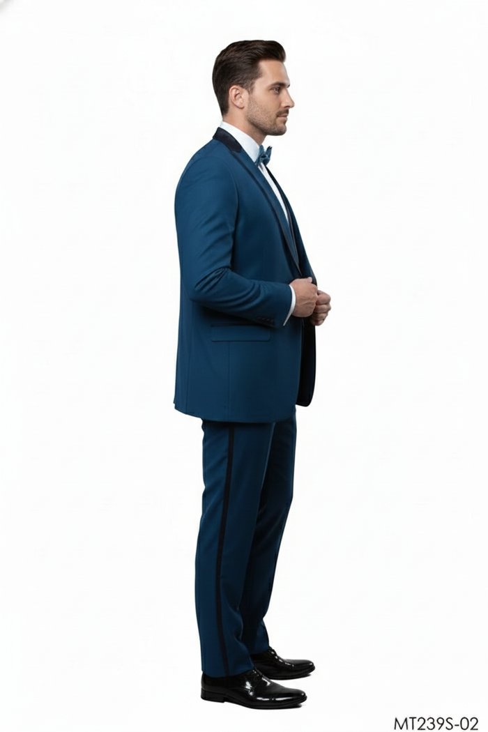 Men’s Teal Blue Tuxedo - 3-Piece Formal Suit with Satin Shawl Lapel, Vest, and Pants in Saphire Cobalt Blue Color by USA Men's Outlet