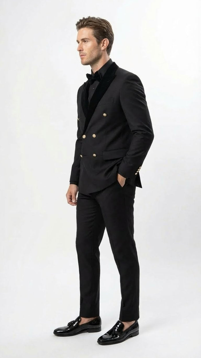Men’s Black Double Breasted Tuxedo Suit - Luxury Formal Dinner Jacket Gold Buttons Velvet Lapel by USA Men's Outlet