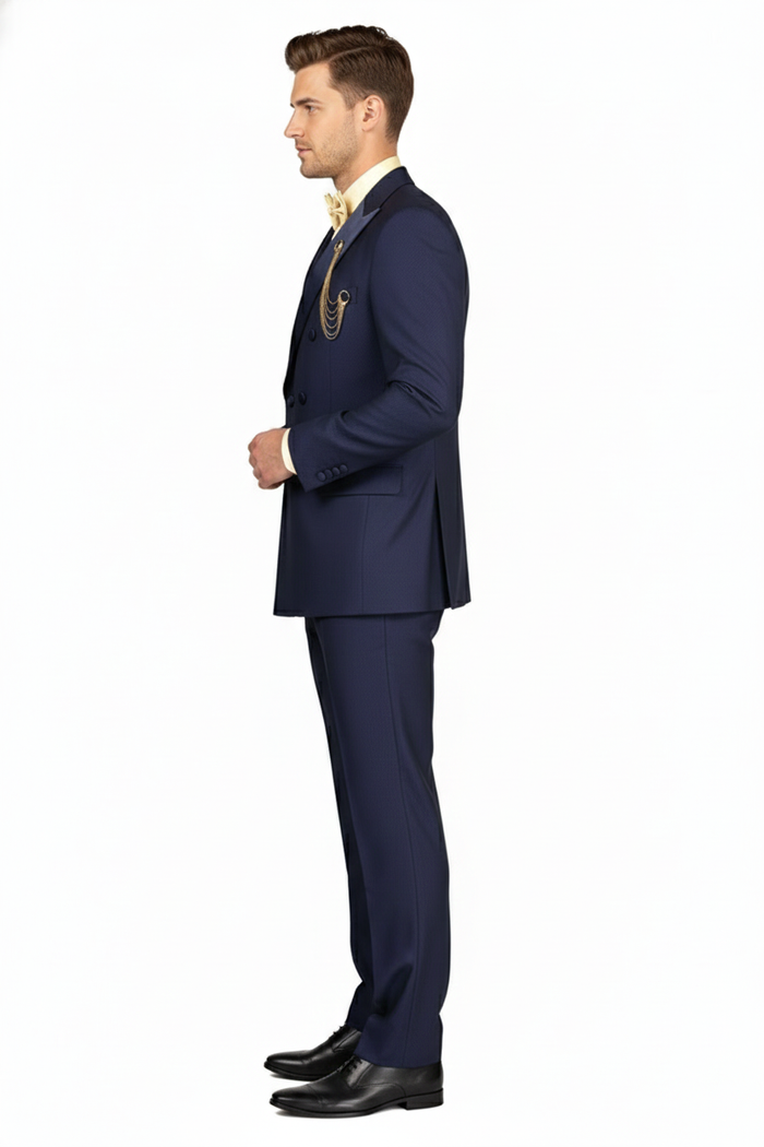 Men’s Navy Blue Double-Breasted Tuxedo with navy Satin Peak Lapel Wedding Suit by USA Men's Outlet