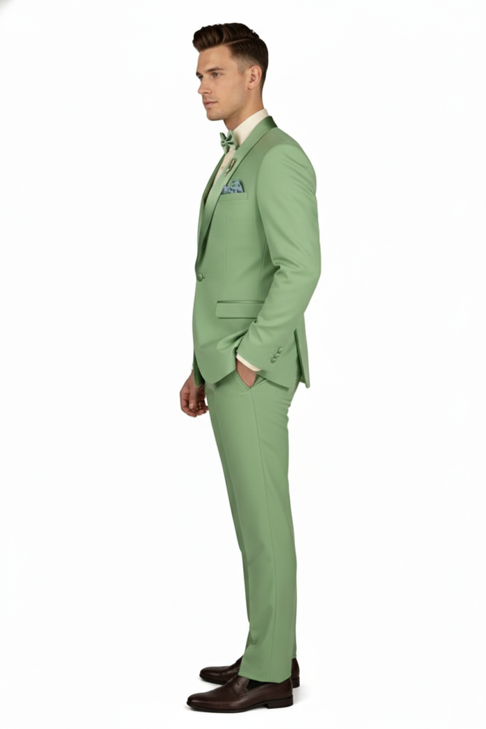 Men’s Mint Green Tuxedo - 2-Piece Formal Suit with Satin Shawl Lapel and Matching Bow Tie in Sage Green by USA Men's Outlet