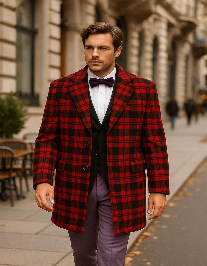 Men’s Red and Black Plaid Wool Overcoat - Tartan Texture Fabric Christmas Carcoat by USA Men's Outlet