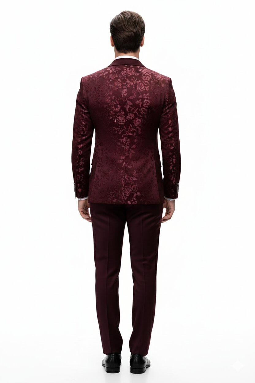 Men’s Burgundy Floral Jacquard Tuxedo Dinner Jacket – Paisley Velvet Lapel Formal Wear for Weddings and Prom