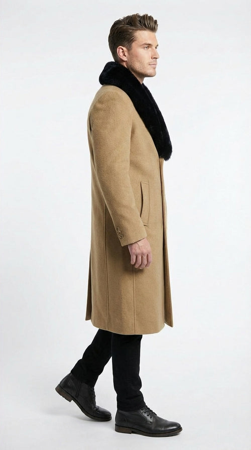 Men’s Camel Tan Long Overcoat with Black Faux Fur Collar - Wool Topcoat Three if not Full length