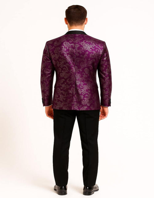 Product Title: Men's Pinkish ~ Purple Paisley Tuxedo Jacket with Black Satin Lapel – Formal Prom and Wedding Blazer in Meganta Color