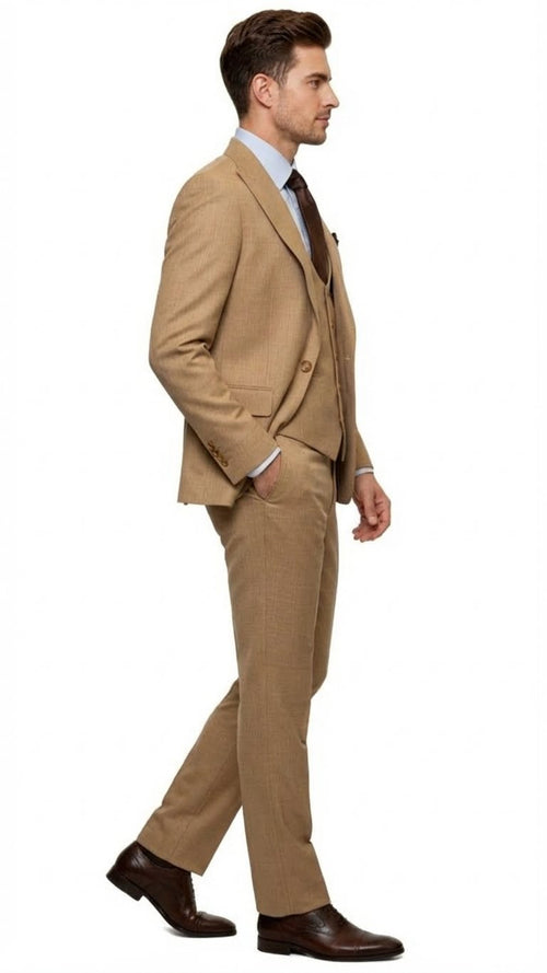 Men's Tan Three-Piece Suit with Vest - Classic Tailored Fit in camel khaki Bronze color By Rossiman USA Men's Outlet