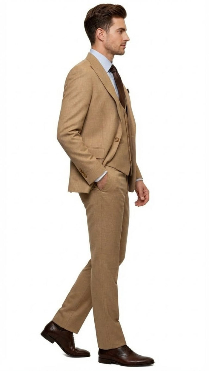 Men's Tan Three-Piece Suit with Vest - Classic Tailored Fit in camel khaki Bronze color By Rossiman USA Men's Outlet