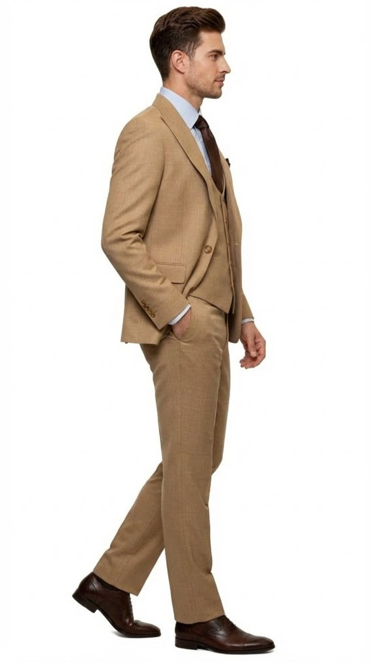 Men's Tan Three-Piece Suit with Vest - Classic Tailored Fit in camel khaki Bronze color By Rossiman USA Men's Outlet