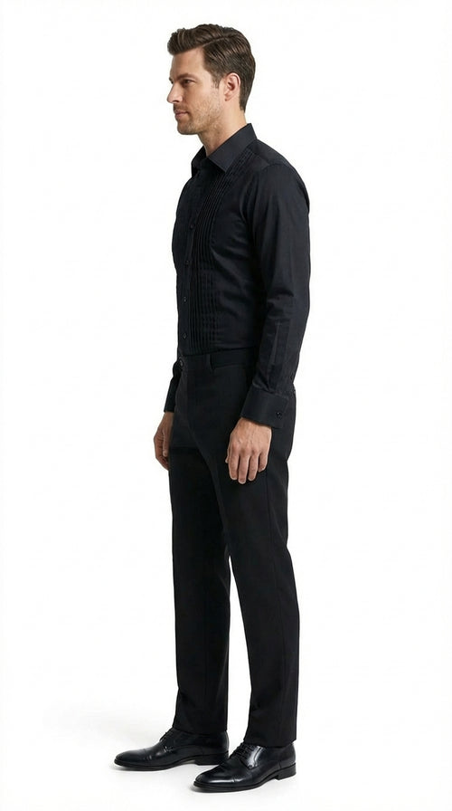 Men’s Black Pleated Tuxedo Dress Shirt | Formal Laydown Collar Button-Up Shirt for Weddings & Black Tie By Tiglio