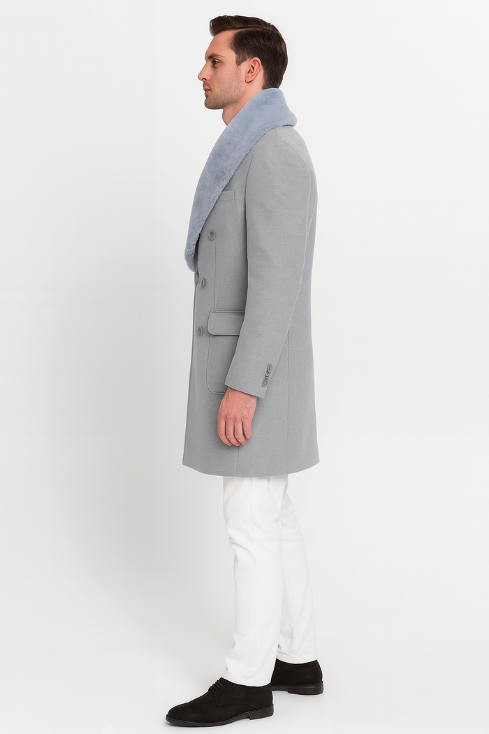 Men’s Light Grey Double Breasted Overcoat with Faux Fur Shawl Collar - Winter Luxury Coat Wool Fabric USA Men's Outlet