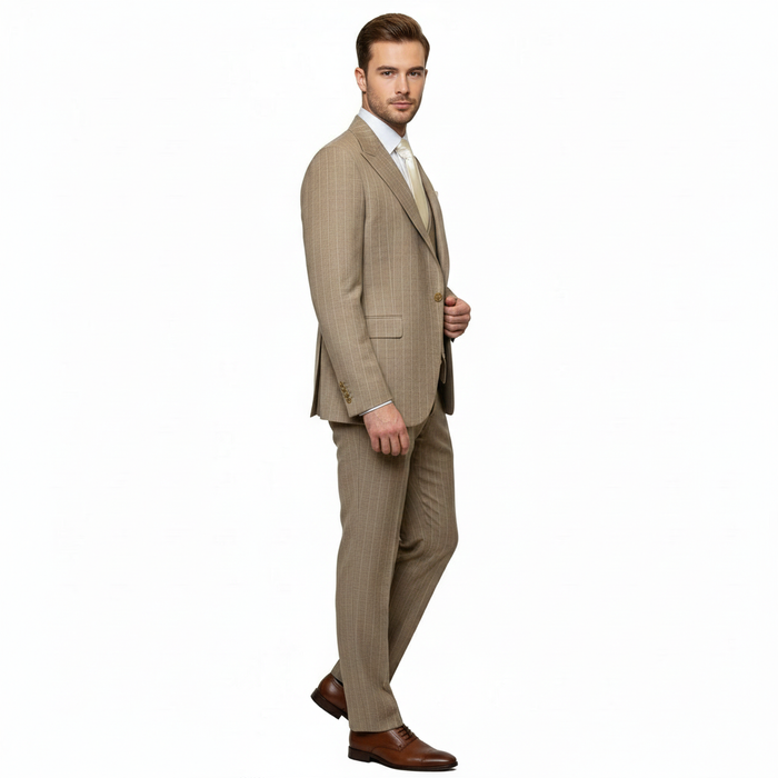 Men’s Beige Pinstripe Three-Piece Suit - Classic Fit Formal Suit with Vest and Flat-Front Pants in Tan Stripe By Rossiman USA Men's Outlet