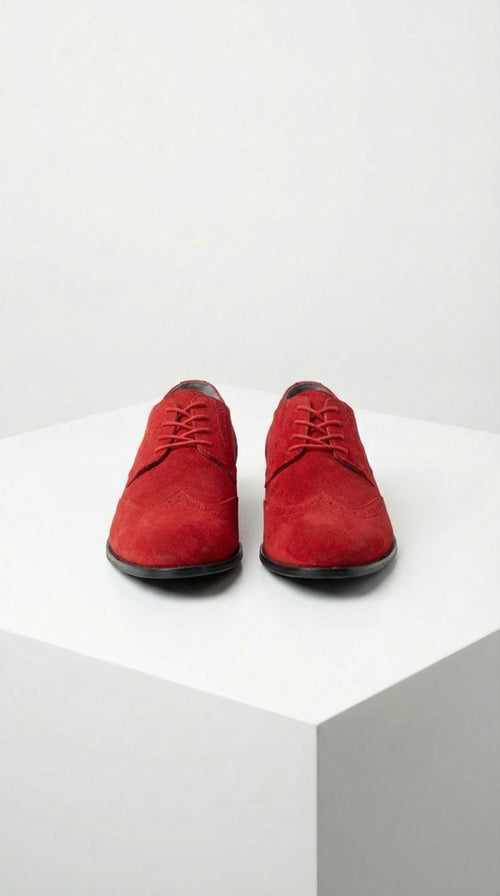 Men’s Red Suede Tuxedo Dress Shoes | Formal Lace-Up Wingtip Shoes for Wedding, Prom & Party - Velvet Shoe