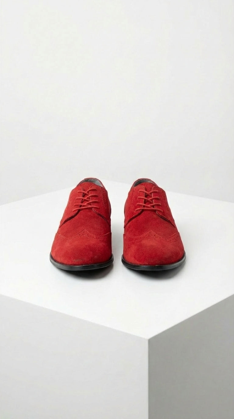 Men’s Red Suede Tuxedo Dress Shoes | Formal Lace-Up Wingtip Shoes for Wedding, Prom & Party - Velvet Shoe