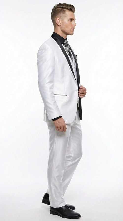 Men’s White Shiny Flashy Fabric Tuxedo Suit with Black Shawl Lapel | Luxury Formal Wedding and Evening Suit Sharkskin Metallic Fabric