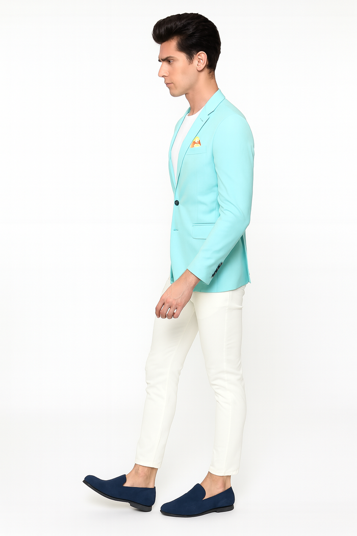 Men’s Aqua Blazer - Slim Fit One Button Suit Jacket with Stylish Floral Inner Lining - Light Turquoise by USA Men's Outlet