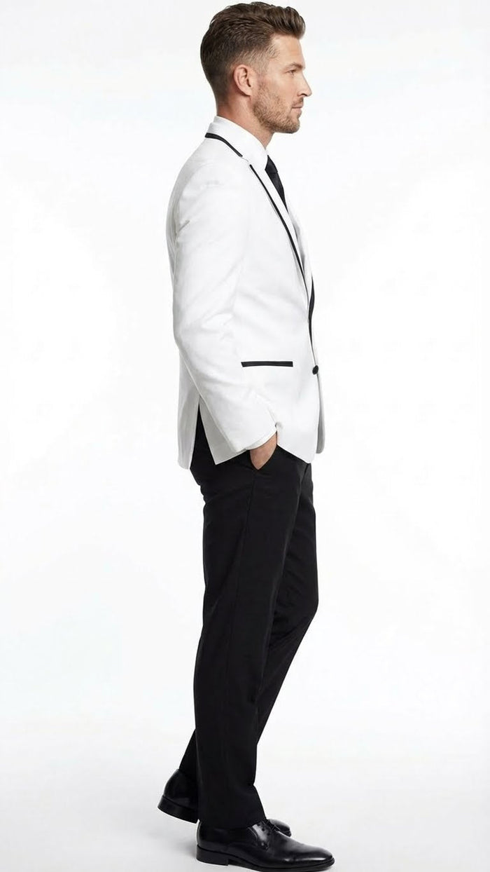 Men’s White Blazer with Black Trim - Wedding and Party Formal Blazer Jacket - White Tuxedo Prom Jacket by USA Men's Outlet