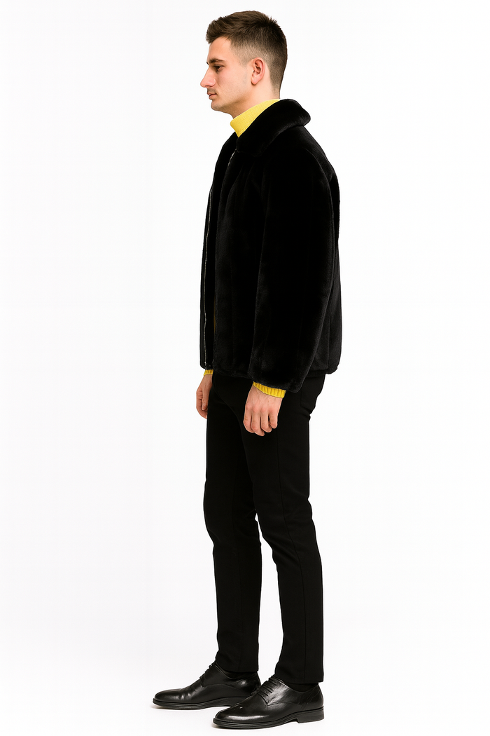 Men’s Black Faux Fur Jacket - Luxury Winter Zip-Up Coat with Soft Plush Finish by USA Men's Outlet