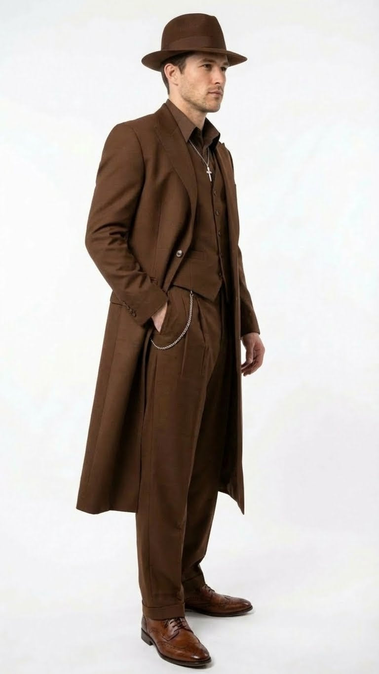 Men’s Brown 1920s Zoot Suit – Long Gangster Mafia Suit Vintage Three-Piece Costume Set Pachuco Style