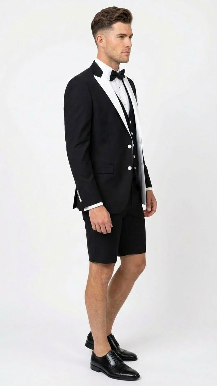 Men’s Black and White Tuxedo Shorts Suit – Modern Formal Tuxedo with Pants for Wedding, Party and Special Events