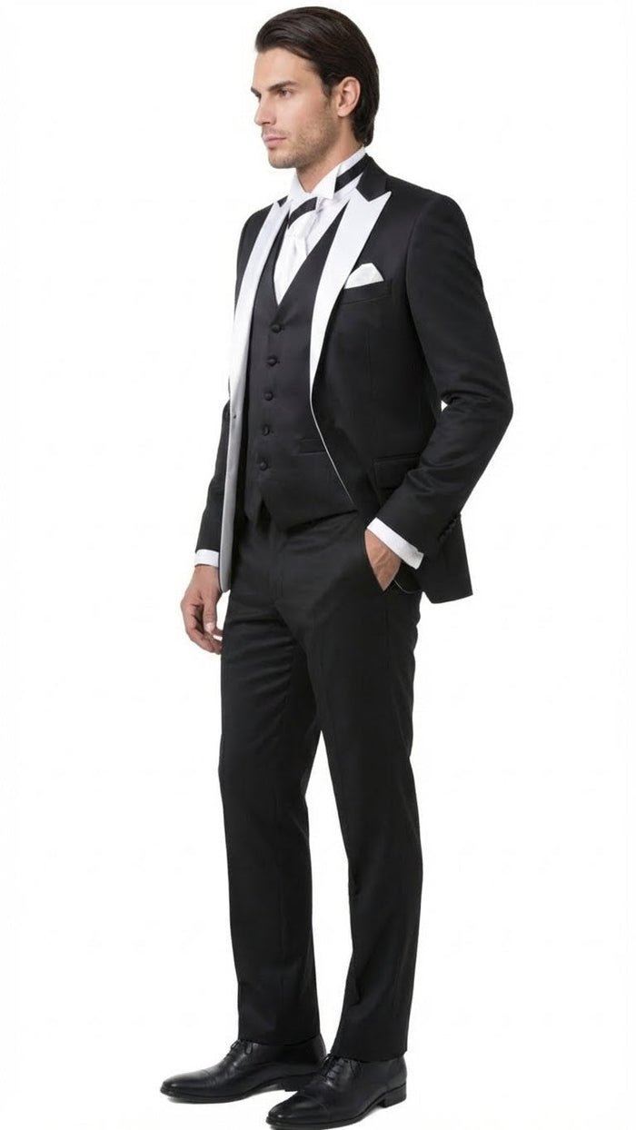 Men’s Black and White Lapel Prom Tuxedo Suit + Black Vest + Black Pants Peak Lapel USA Men's Outlet