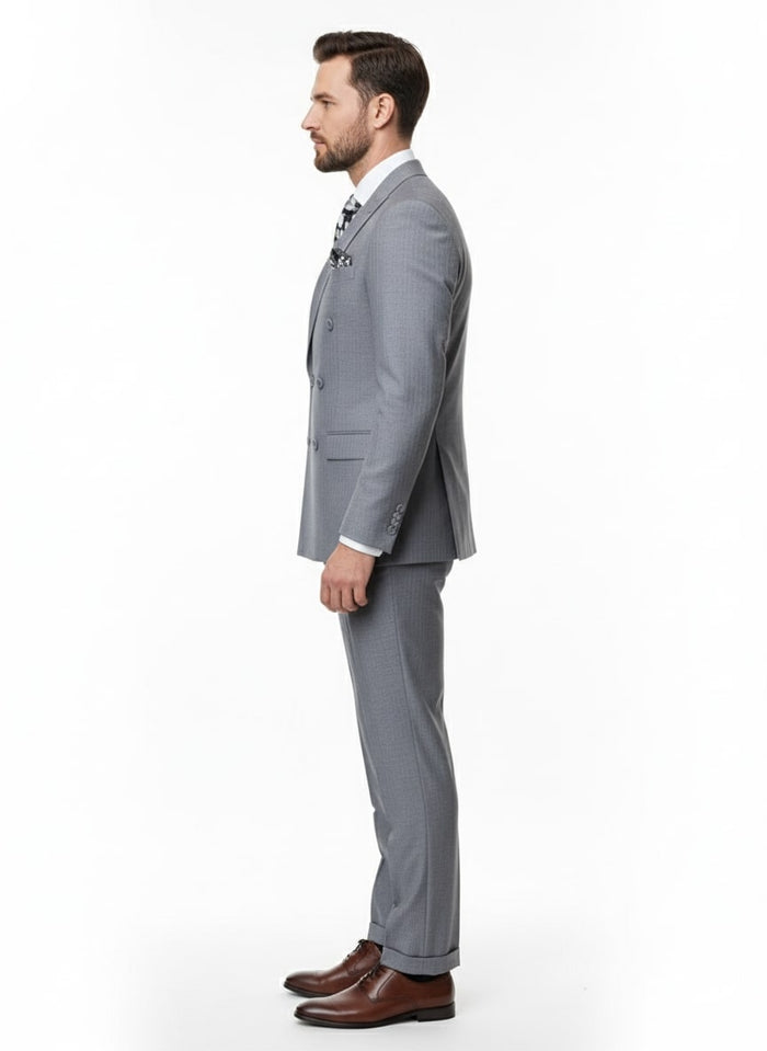 Mens Grey Tone on Tone Double-Breasted Suit - Classic Slim Fit 2 Piece Formal Business Gray Shadow Stripe by USA Men's Outlet
