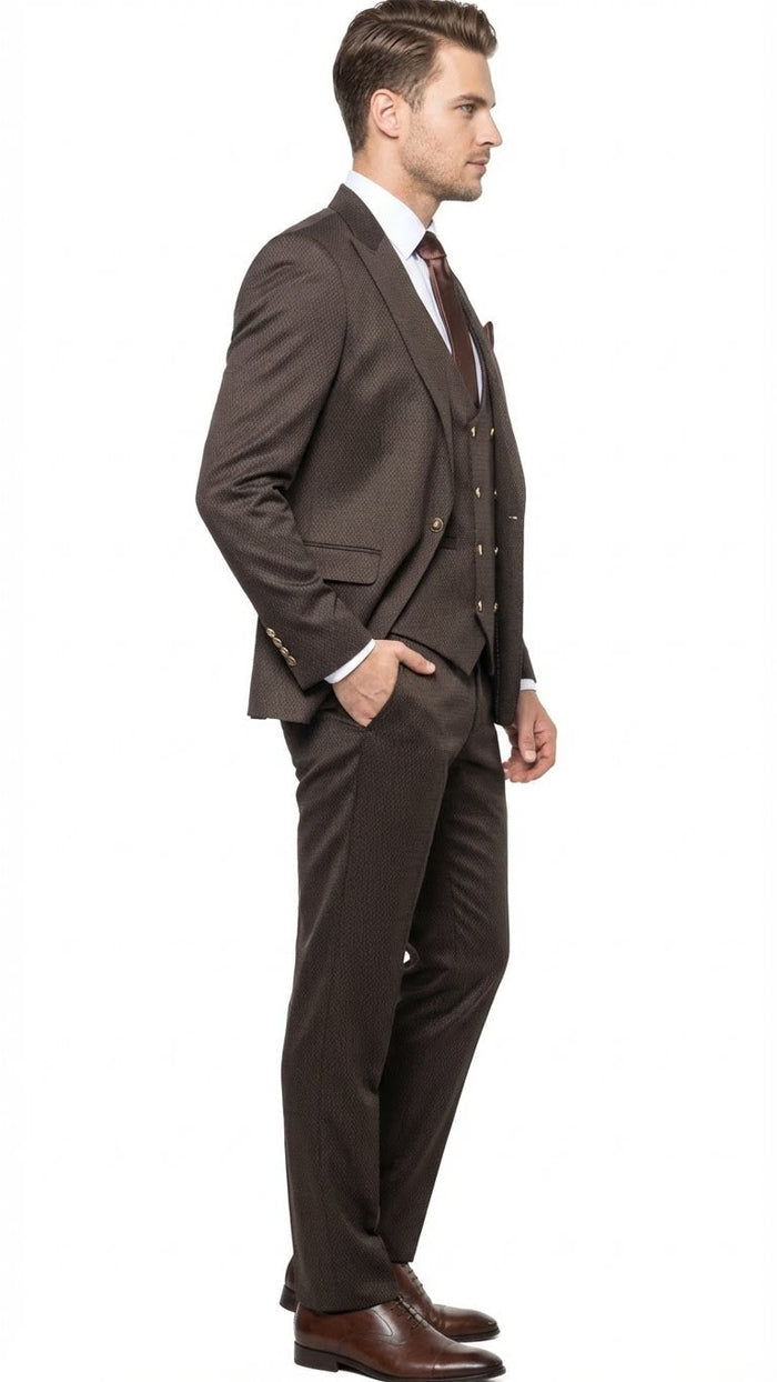 Men’s Chocolate Brown Textured 3-Piece Suit - Luxury Double-Breasted Vest Formal Set by USA Men's Outlet