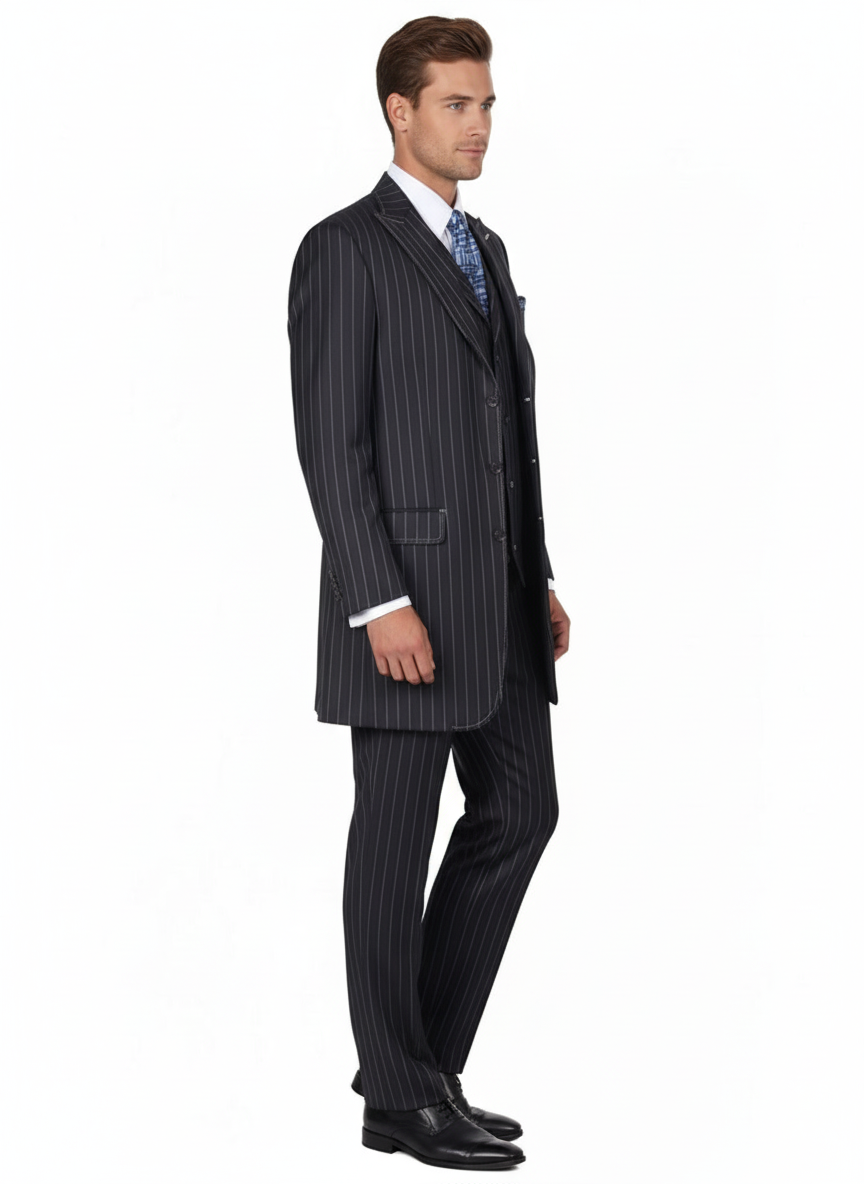 Men’s Three Button Suits -  Navy Blue Pinstripe Three-Piece Suit – Classic Business and Formal Wear with Tailored Fit