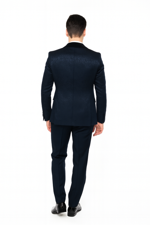 Men’s Navy Blue Jacquard Tuxedo with Black Velvet Shawl Lapel - 3 Piece Formal Suit with Bow Tie by USA Men's Outlet