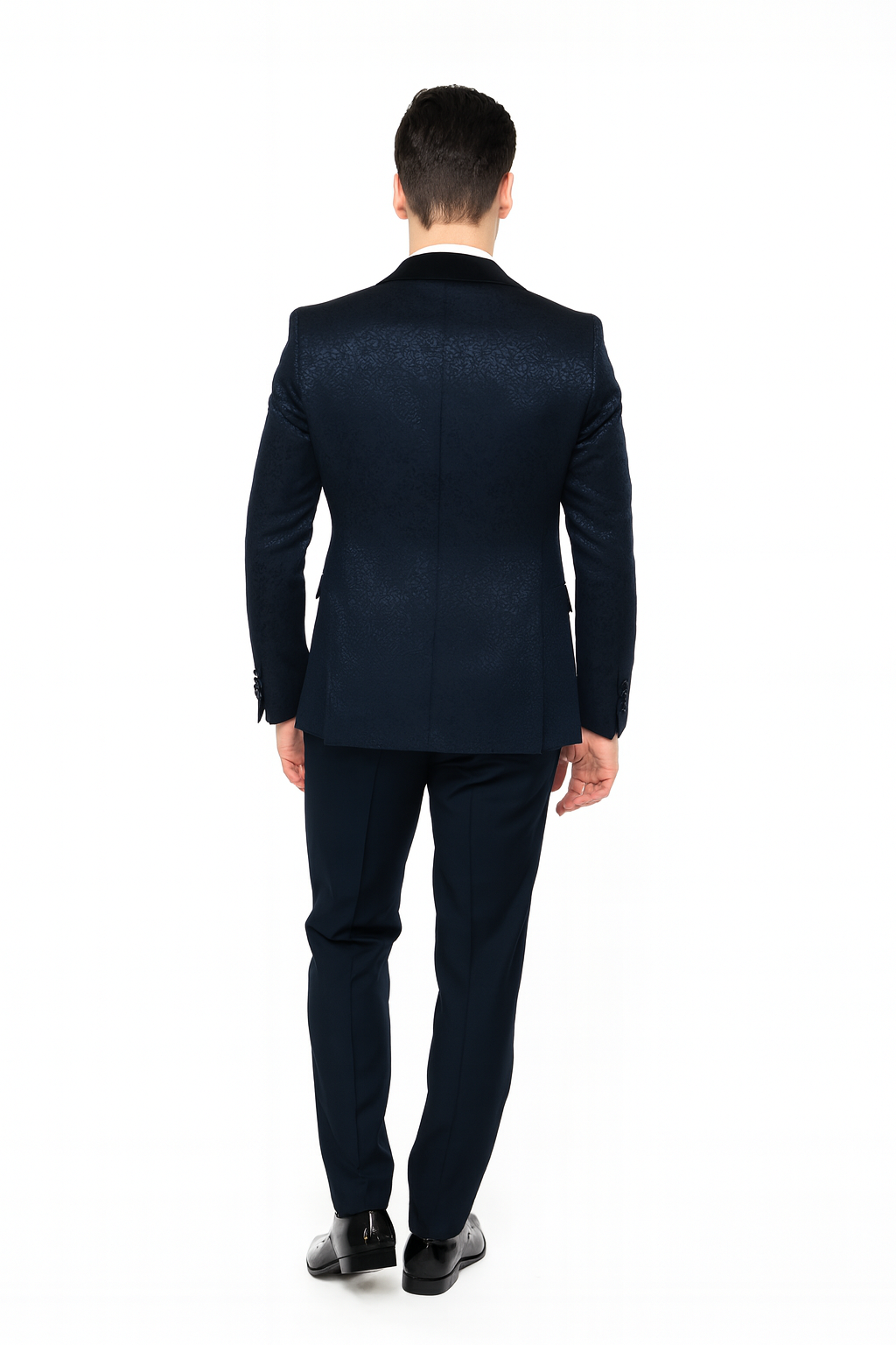Men’s Navy Blue Jacquard Tuxedo with Black Velvet Shawl Lapel - 3 Piece Formal Suit with Bow Tie by USA Men's Outlet