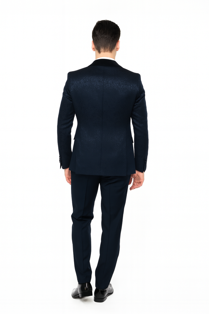 Men’s Navy Blue Jacquard Tuxedo with Black Velvet Shawl Lapel - 3 Piece Formal Suit with Bow Tie by USA Men's Outlet