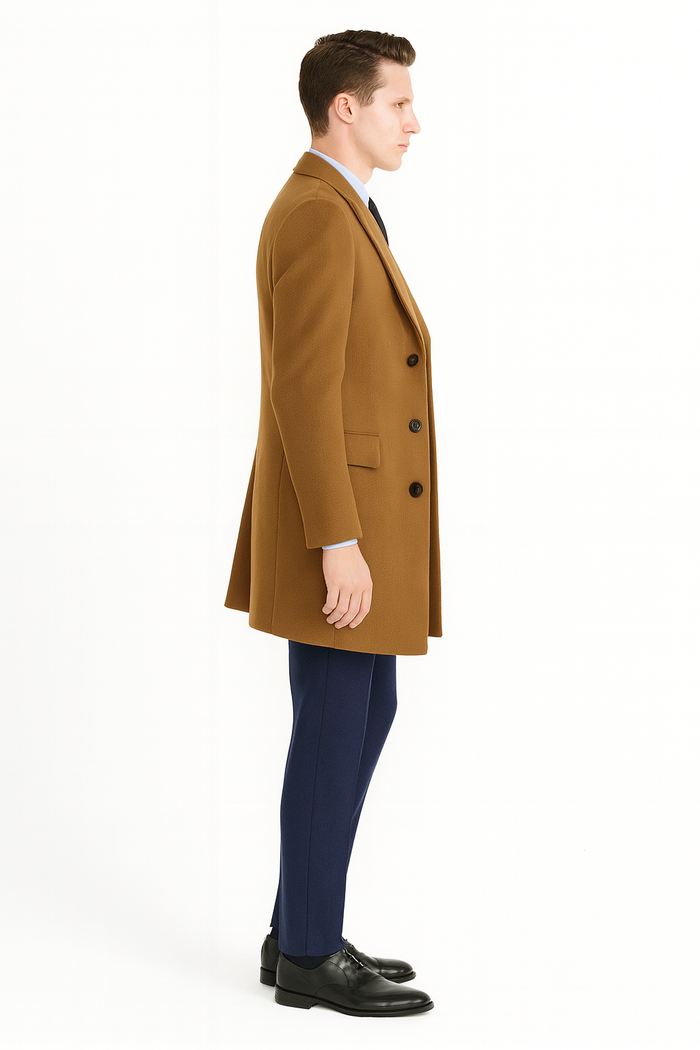 Men’s Camel Brown Wool Overcoat - Classic Long Dress Coat for Business and Casual Wear in Vecuna Color by USA Men's Outlet