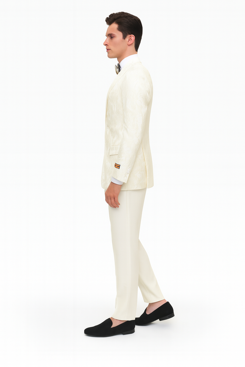 Men’s Ivory Floral Embroidered Tuxedo Jacket - Elegant Wedding and Party Blazer in Cream Color With Ivory Pants USA Men's Outlet
