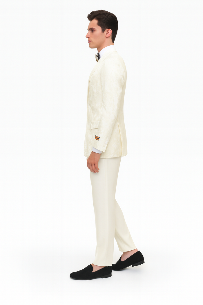 Men’s Ivory Floral Embroidered Tuxedo Jacket - Elegant Wedding and Party Blazer in Cream Color With Ivory Pants USA Men's Outlet