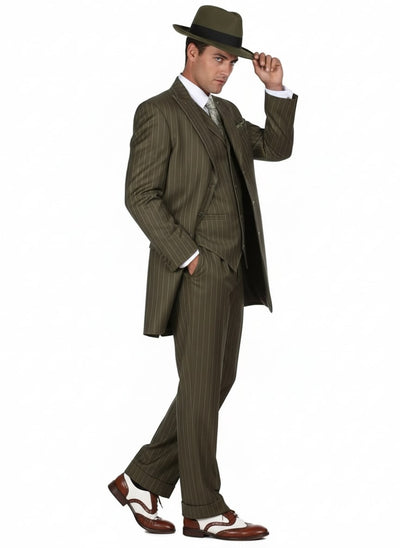 Mens Olive Green Pinstripe Zoot Suit - 1920s Gangster Vintage 3-Piece Suit for Formal and Themed Events - USA Men's Outlet