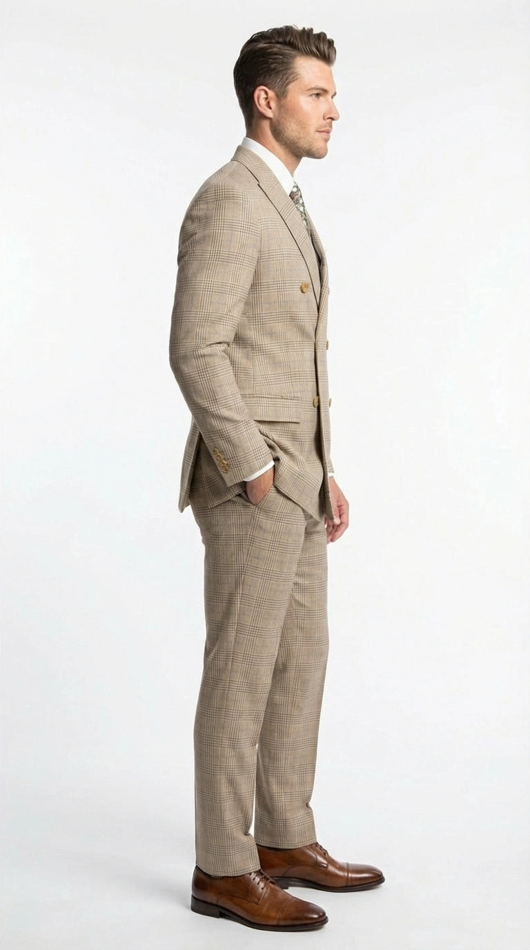Vinci Men’s Beige Plaid Double Breasted Suit – Classic Checkered Formal Suit Set in Tan Color Windowpane Checkered Pattern