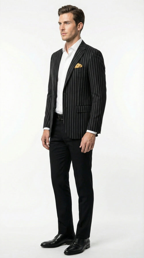 Men’s Black Pinstripe Blazer –Classic Tailored Formal Jacket for Business, Office and Evening Wear