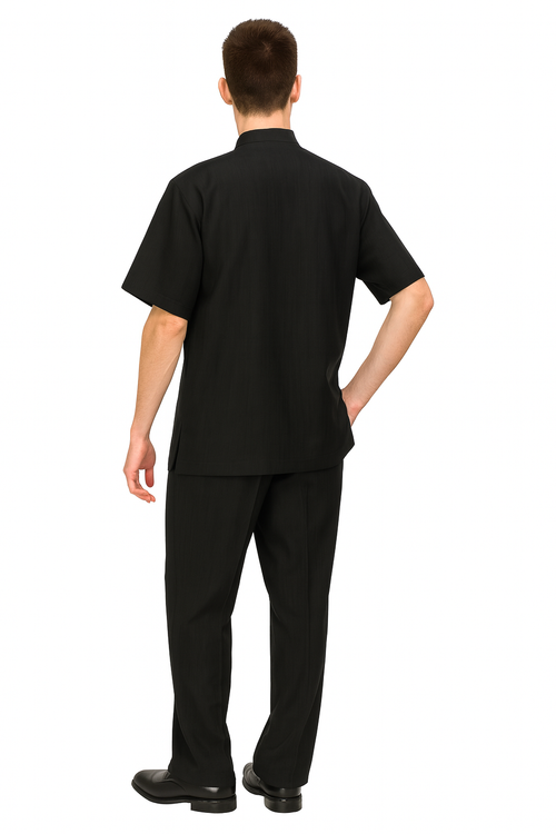 Men’s Black Banded Collar Walking Suit - Short Sleeve Shirt and Matching Pants Banded Collar Linen Fabric by USA Men's Outlet