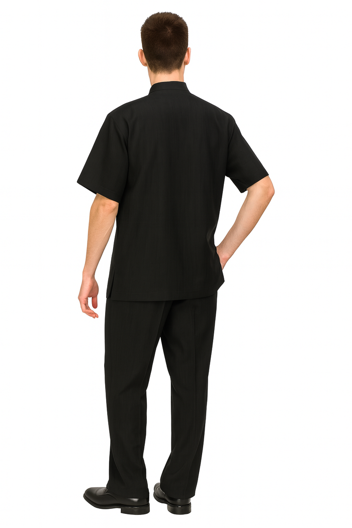Men’s Black Banded Collar Walking Suit - Short Sleeve Shirt and Matching Pants Banded Collar Linen Fabric by USA Men's Outlet