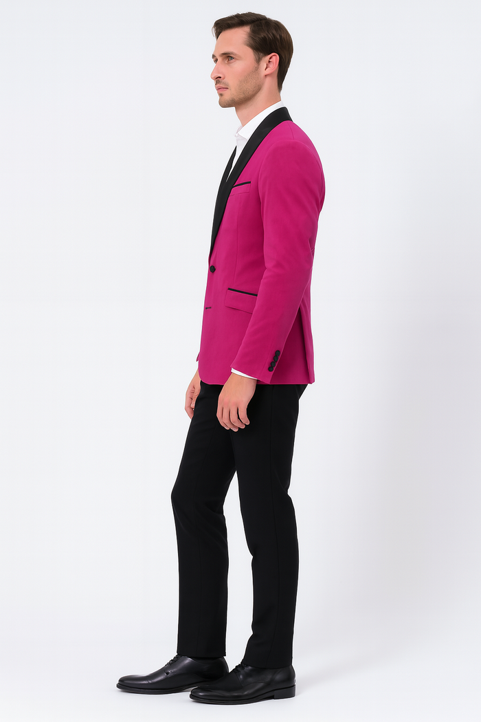 Men’s Fuchsia Tuxedo Blazer with Black Satin Lapel - Stylish Party and Wedding Jacket in Hot Pink Color with Black Pants by USA Men's Outlet