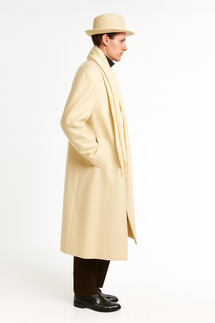 Men’s Long Cream Overcoat Wool Fabric in Ivory Off White Color Full length by USA Men's Outlet